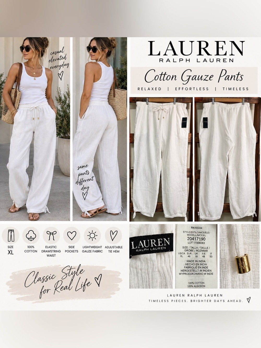 Lauren Ralph Lauren White Cotton Gauze Pants XL NWT